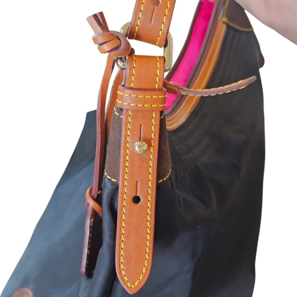 DOONEY BOURKE BLACK NYLON HOBO Bag Purse Handbag TAN LEATHER STRAP Pink Interior